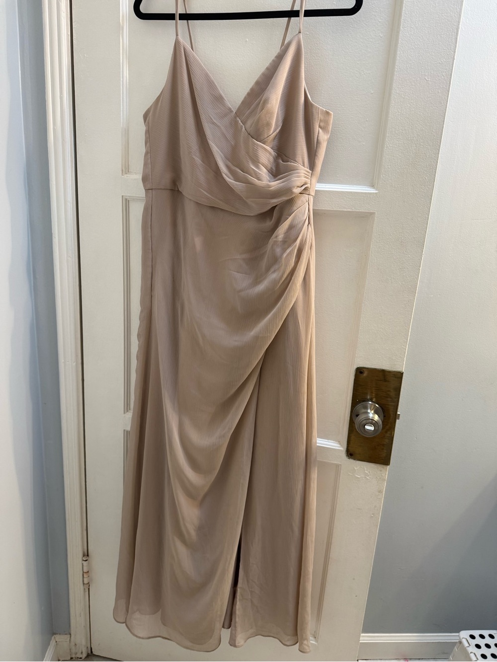 David's Bridal Draped Spaghetti-Strap Maxi Dress in Light Nude